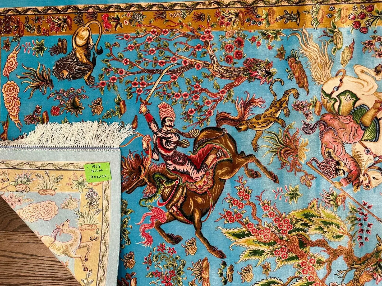 Hunting Design Silk Rug 2.62 x 3.93 Ft